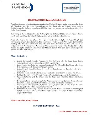 Infoschreiben über Trickdiebstahl
